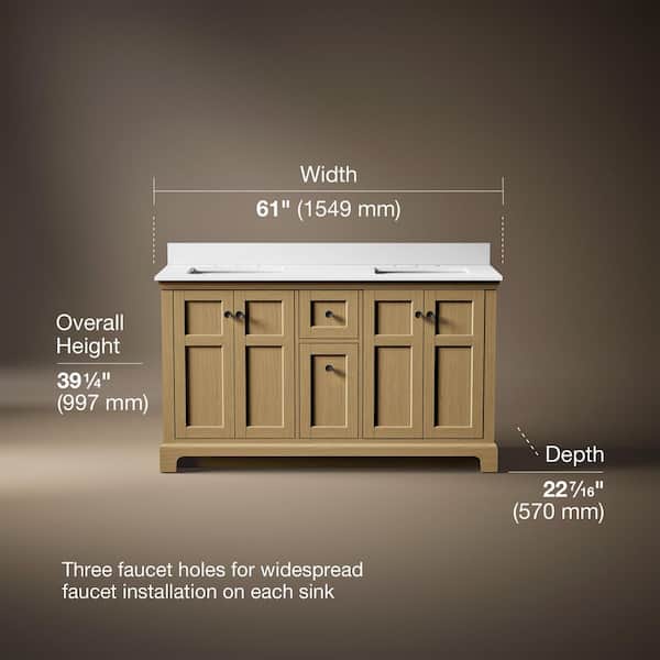 Baskin 60 in. Double Sink Light Oak Bath Vanity with Bianco Bella Quartz Top