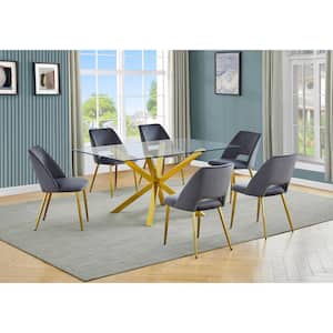 Tom 7-Piece Rectangle Glass Top With Gold Stainless Steel Table Set, Seats 6-Dark Grey Velvet Chair.