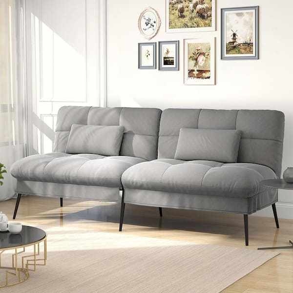 ComHoma Gray Fabric Futon Couch with Adjustable Backrest Convertible Futon Sofa Bed with Metal Legs Convertible Sofa Bed