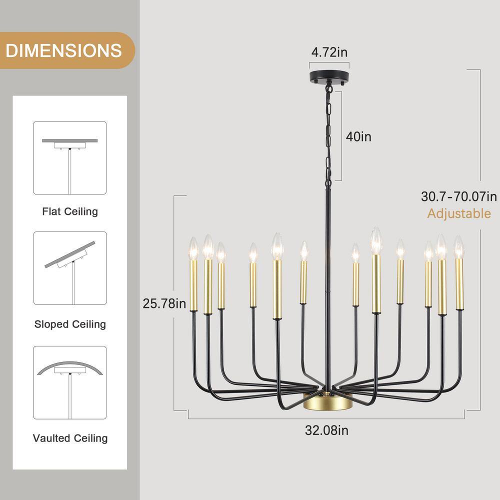 Black and Gold 12-Light Candle Style Metal Chandelier