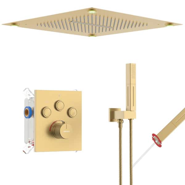Vanfoxle Single Handle 3-Spray Shower Faucet 1.8 GPM 16 in. Square Ceiling Mounted with Pressure Balance in. Brushed Gold