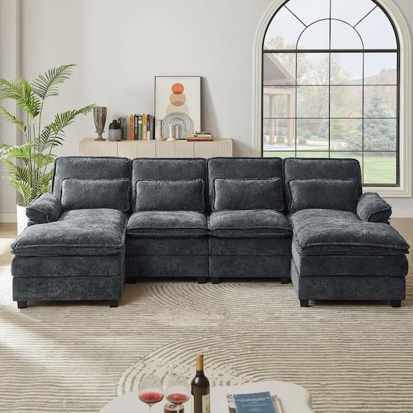 STICKON 113 in. Wide Grey Pillow Top Arm Chenille 4-Seater U-Shaped Reversible Sectional Sofa with Double Layer Design
