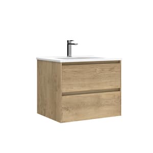 Perla 24 in. W x 18.1 in. D x 19.5 in. H Single Sink Wall Mounted Bath Vanity in Natural Oak with White Ceramic Top