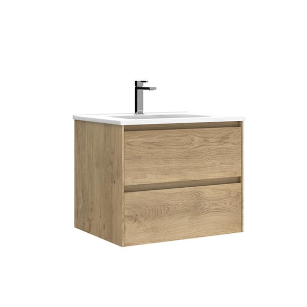 WS Bath Collections Perla 24 in. W x 18.1 in. D x 19.5 in. H Single Sink Wall Mounted Bath Vanity in Natural Oak with White Ceramic Top
