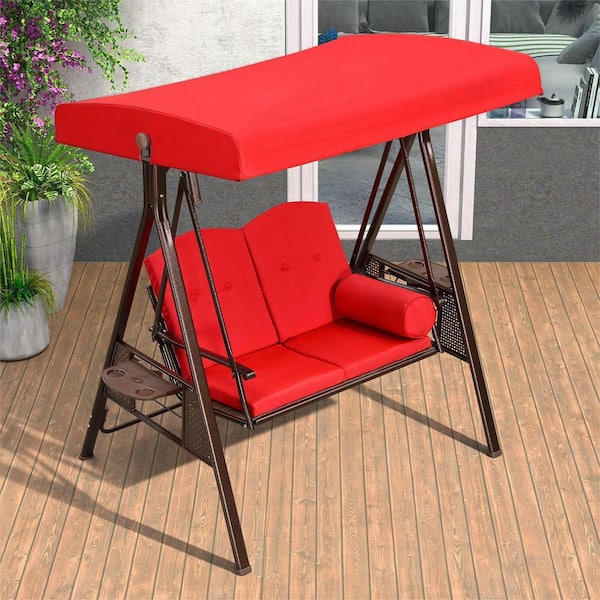 2-Person Steel Metal Patio Swing with Canopy and Cushions, Terra
