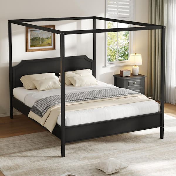 Tamara Black Wood Frame Queen Size Canopy Bed with Headboard and Support