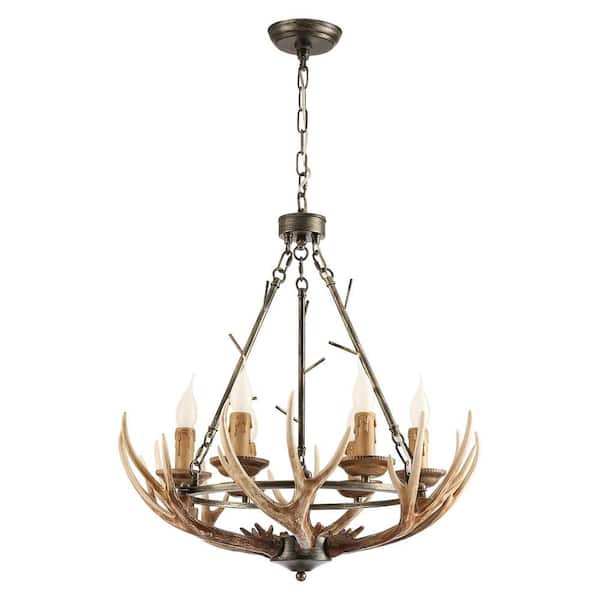 OUKANING 23.62 in. 6-Light Brown Rustic Antler Chandelier for Dining Room with No Bulbs Included