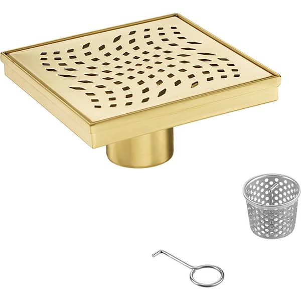 Elegante Drain Collection 4 in. Square Stainless Steel Shower Drain with Wave Pattern and Zirconium Gold Plating