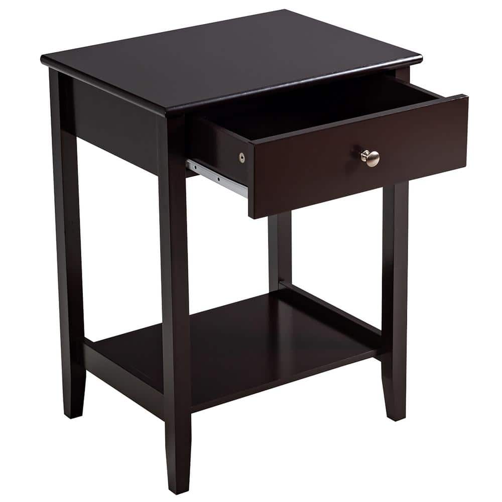 Compact Brown Wood Nightstand with Drawer and Shelf