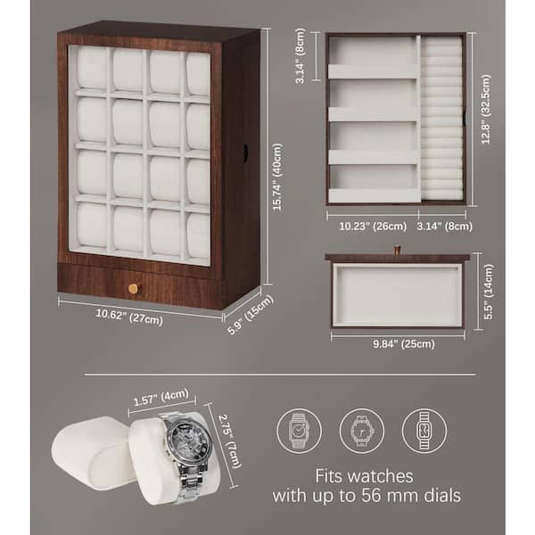 16-Slot Wooden Watch Box Display, Large Storage for Men's