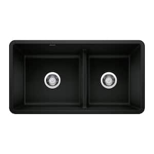 Precis Undermount Granite Composite 33 in. 60/40 Double Bowl Kitchen Sink with Low Divide in Coal Black