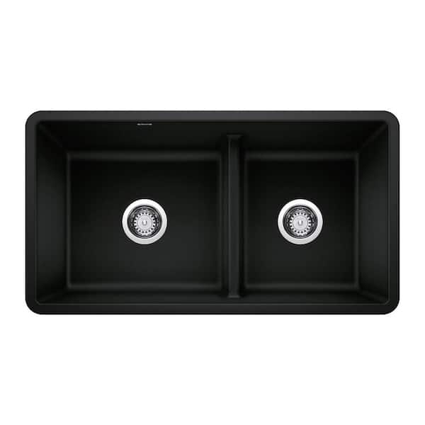 Blanco Precis Undermount Granite Composite 33 in. 60/40 Double Bowl Kitchen Sink with Low Divide in Coal Black