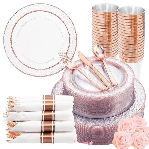 Rose Gold Disposable Plastic Plates Set for 50-Guests (350-Pieces)