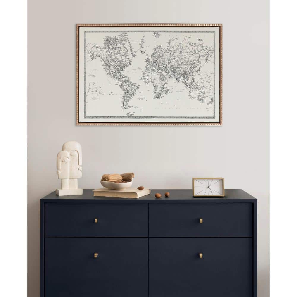 Vintage Gold Beaded Framed Black and White World Map Canvas Art