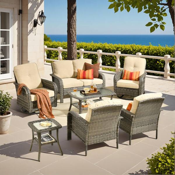 Lily Gray 7-Piece Wicker Outdoor Patio Conversation Seating Set with Swivel Rocking Chairs Coffee Table & Beige Cushion