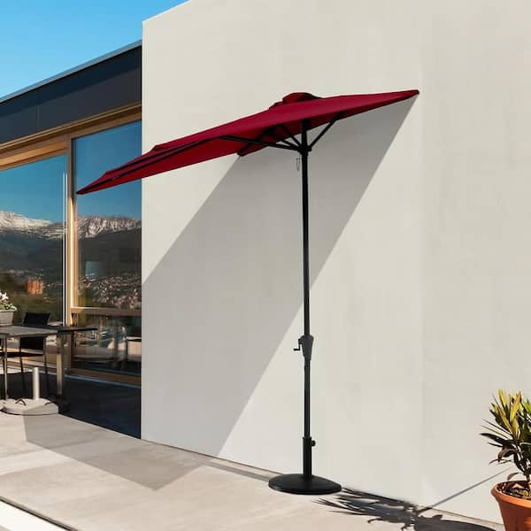 half red patio umbrella Terrace Arc 9 ft Scalloped Fringe Market with Crank, Tilt Button and UV Protection Coral Pink/Brown Pole 160G polyester 9ft Patio Motorized Market Umbrella