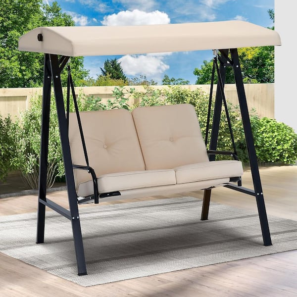 2-Seat Outdoor Patio Swing with Adjustable Canopy and Removable Beige Cushions