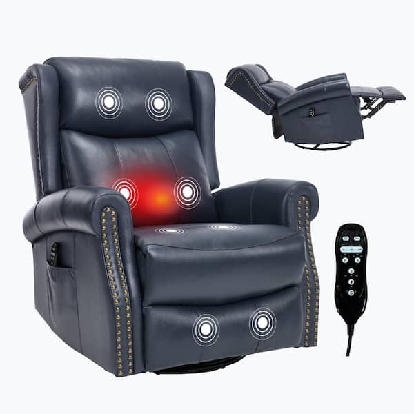 Blue Genuine Leather Heat Massage Manual Recliner Chair with Rocker and Swivel for Living Room