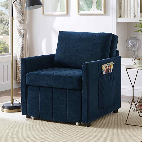 31.5 in. Rolled Arm Chenille Rectangle with Adjustable Backrest, Fold Out Bed and Storage Basket Sofa in Blue