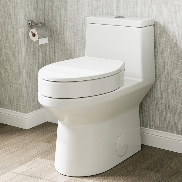 Elevated SoftClose Elongated Toilet Seat in White and 1-piece 0.8/1.28 GPF Dual Flush Toilet Combo with ADA Chair Height