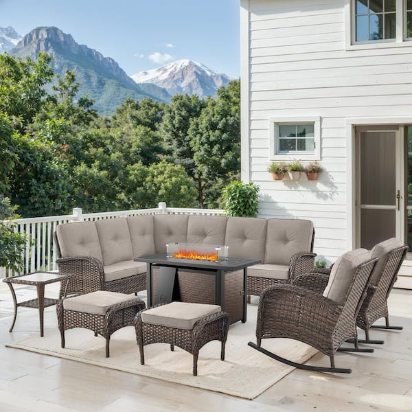 Carlos 8-Piece Patio Fire Pit Conversation Set with Rocking Chair, 8-Seat Outdoor Sectional Sofa Set with Beige Cushions