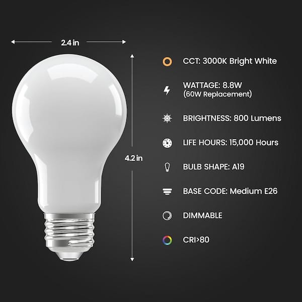 60-Watt Equivalent A19 Dimmable Filament CEC 90 CRI White Glass E26 Medium LED Light Bulb, Bright White 3000K (4-Pack)