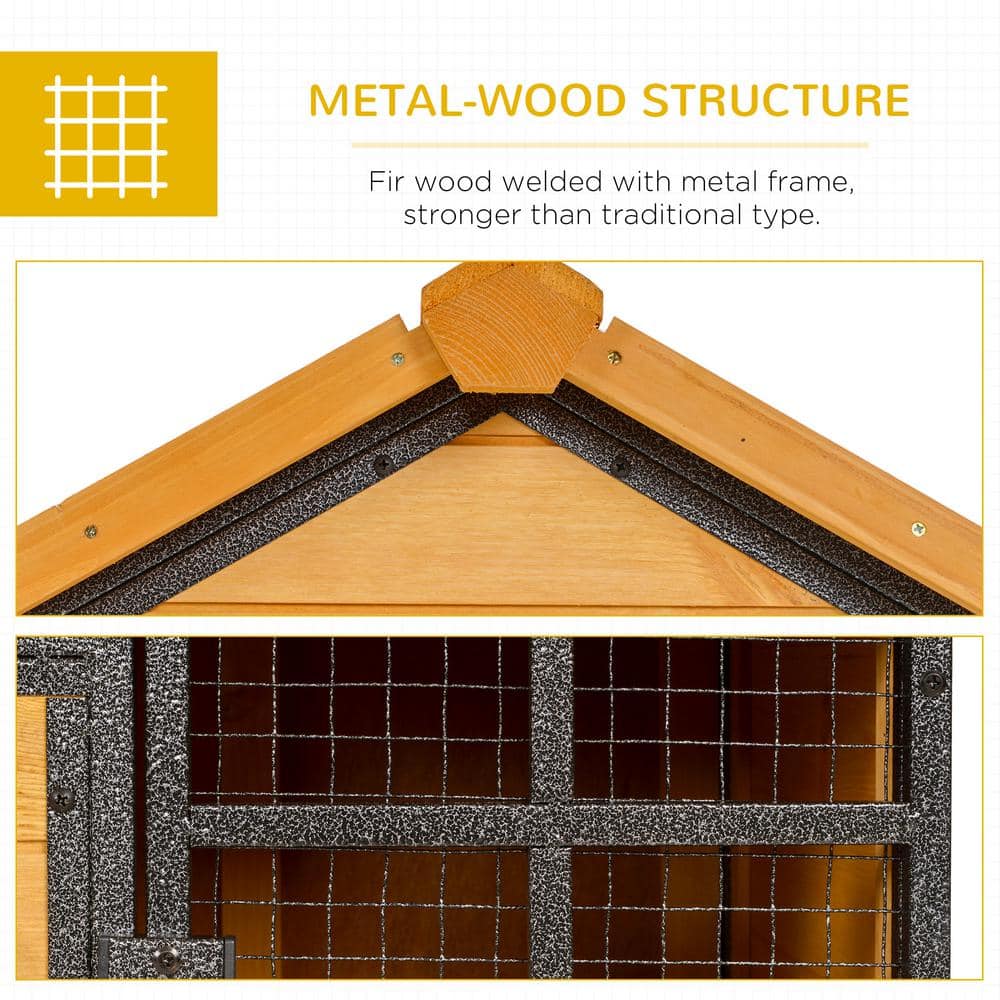 Natural Fir Wood and Metal 2-Level Rabbit Hutch with Asphalt Roof