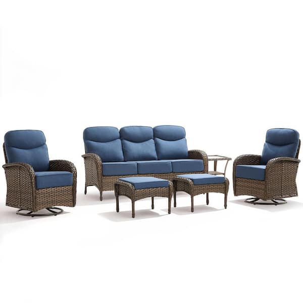 High Crescent 6-Piece Brown Wicker Patio Conversation Set with Blue Cushions