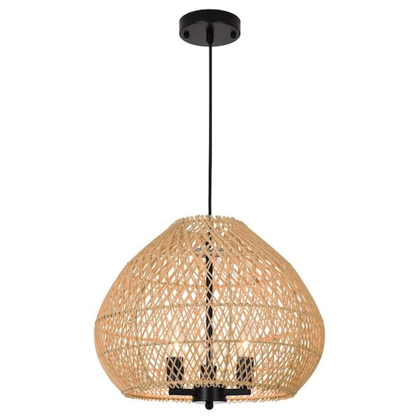 RayHome 40W 3-Light Pendant Light Modern Farmhouse in Matte Black with Rattan Globe Shade for Kitchen Island