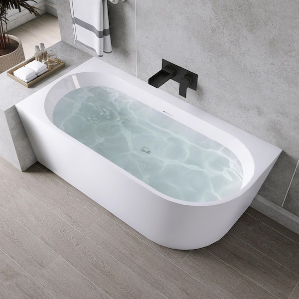 59 in. x 28 in. Acrylic Flatbottom Freestanding Corner Soaking Bathtub in White