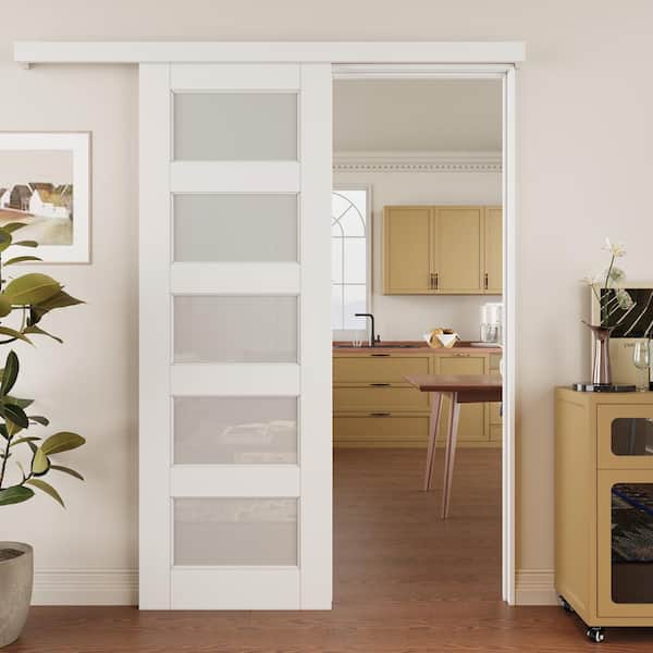 EH PUERTA 28 in. x 96 in. Hidden Track Style 5 Lite Frosted Glass Primed MDF Sliding Barn Door with Hardware Kit