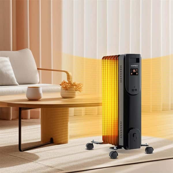 1500 W Black electric Oil Radiant Space Heater with Adjustable Thermostat Remote Overheat and Tip-Over Protection