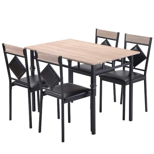 Clihome 5-Piece Nature Kitchen Dining Table Set with Wood Kitchen Table and Metal Frame 4-Leather Dining Chair