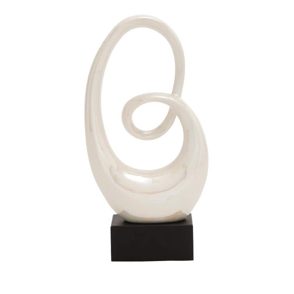 21" White Ceramic Swirl Abstract Sculpture with Black Base