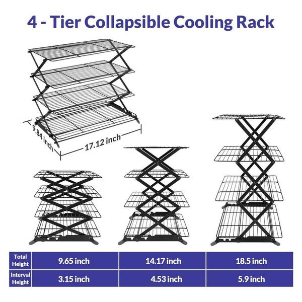 4-Tier Black Wire Steel Collapsible Adjustable Stackable Nonstick Cooling Rack for Baking Cookies Cakes Pies Muffins