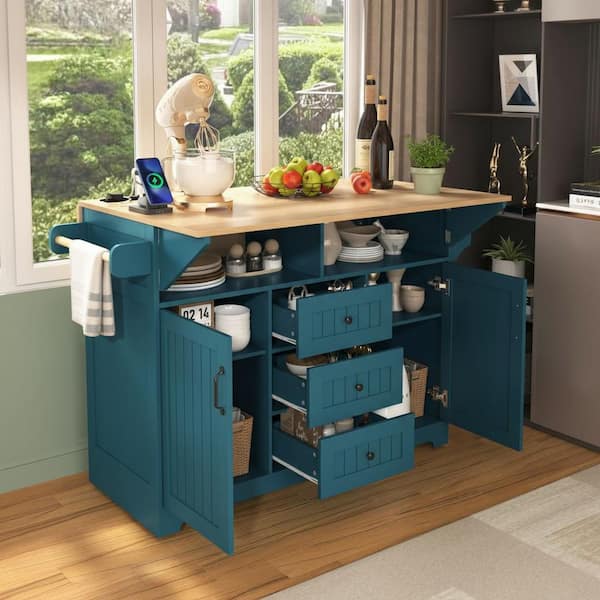 Farmhouse Green Wood 55.75 in. Power Outlet Large Rolling Kitchen Island Cart Folding Storage Table with 2 Drop Leaves