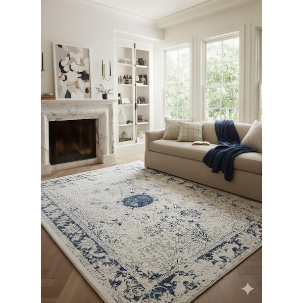 Havana Navy Blue 7 ft. 9 in. x 10 ft. 8 in. Traditional Distressed Large Area Rug