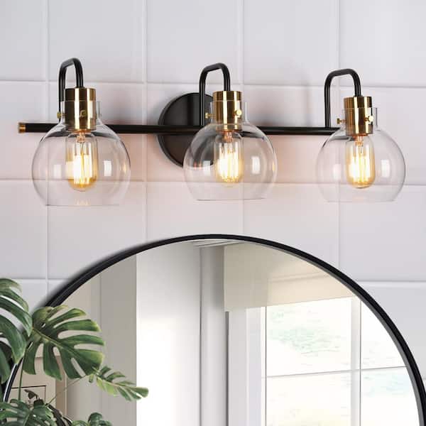 Modern 23 in. 3-Light Black Vanity Light, DIY Polished Brass Bath Light, Classic Globe Clear Glass Bathroom Wall Sconce