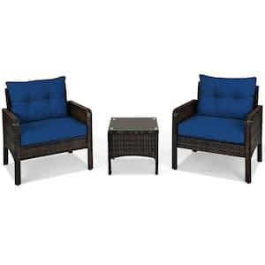 3-Pieces Rattan Patio Conversation Furniture Set Yard Outdoor with Navy Cushions