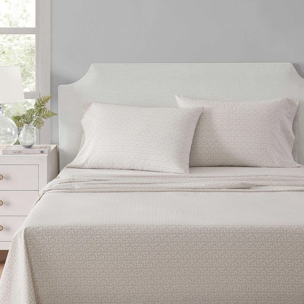 MS Leaves 4-Piece White/Alder Percale Cotton King Sheet Set