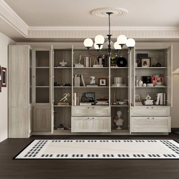 Gray Wood Grain Combination Cabinet 70.9 in. H Office Storage Cabinet with Frosted Glass Doors, Corner Cabinet, Drawers