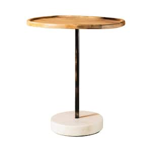 23.5 in. Natural and White Round Wood Accent Table with Marble Base