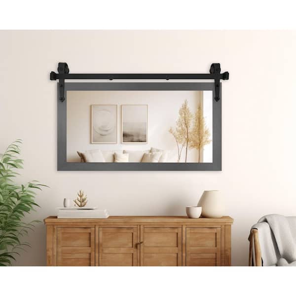 (33 in. W x 22 in. H) Dark Silver Modern Rustic Mirror with Steel Barn Door Rail