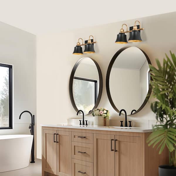 Modern Farmhouse Bathroom Vanity Light, 2-Light Black and Gold Wall Sconce with Metal Shades