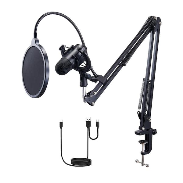 USB Microphone, 192kHz/24-bit Condenser Kit, with Boom Arm, Pop Filter, Shock Mount, Mute Button, Headphone Jack