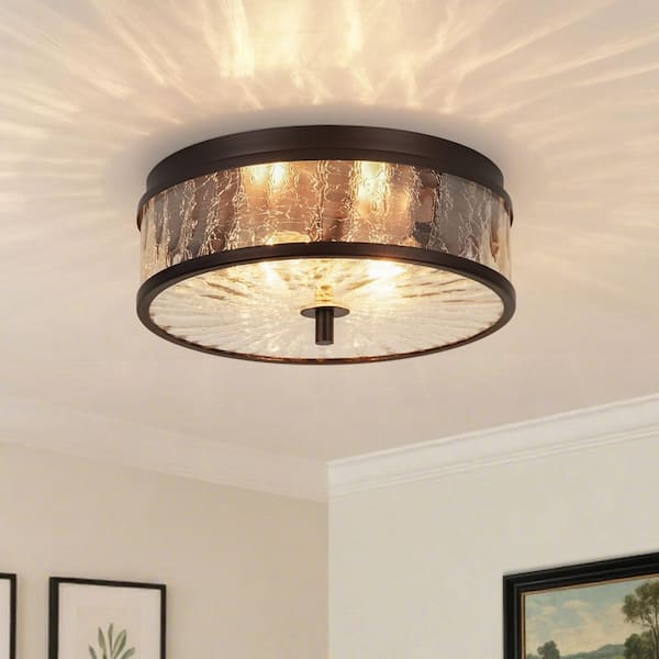 Lumin 2-Light 12 in.W Oil Rubbed Bronze Flush Mount Industrial Dome Round Ceiling Light with Cracked Glass for Foyer