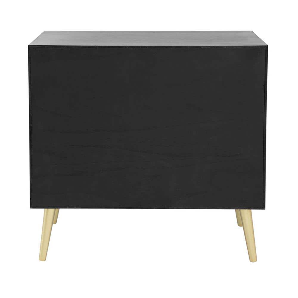 Mid-Century Mirrored 31" Black Dresser with Woven Rattan Drawers