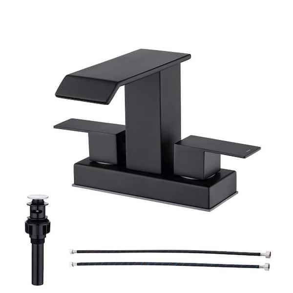 RAINLEX 4 in. Centerset Double Handle Bathroom Faucet with Drain Kit Included in Matte Black