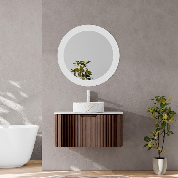 Baye 30 in. W Floating Dark Walnut Bath Vanity with White Textures Ceramic Sink and Engineered Marble Top Unassembled