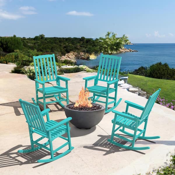 LUE BONA Orson Lake Blue Acacia Wood Classic Adirondack Weather-Resistant Outdoor Porch Rocker Outdoor Rocking Chair (Set of 4)